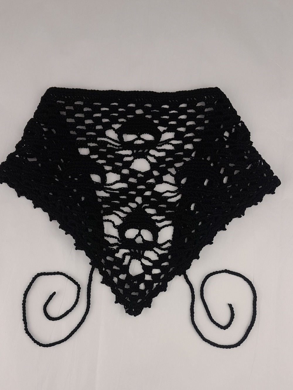 Handcrafted Black Crochet Netted Skulls Small Bandana Kerchief Tie Back